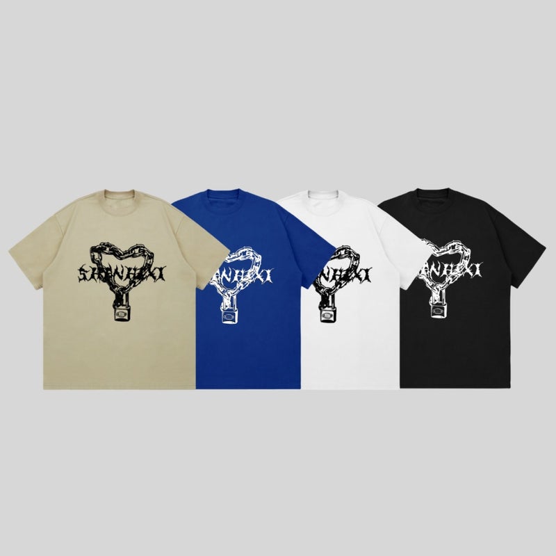 Love Chain Printing Tide Brand High Street Round Neck Short Sleeve T-Shirt Men'S And Women'S Loose Casual Half Sleeve Heavy 260G - Image 2