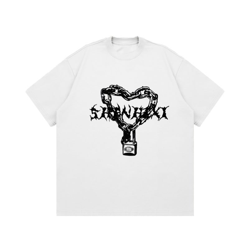 Love Chain Printing Tide Brand High Street Round Neck Short Sleeve T-Shirt Men'S And Women'S Loose Casual Half Sleeve Heavy 260G - Image 5