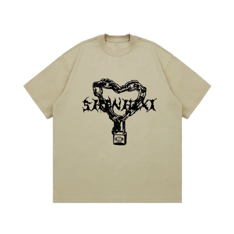 Love Chain Printing Tide Brand High Street Round Neck Short Sleeve T-Shirt Men'S And Women'S Loose Casual Half Sleeve Heavy 260G - Image 1