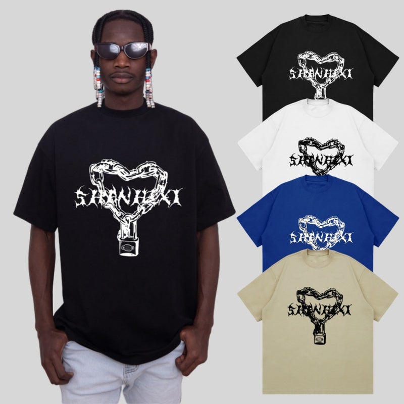 Love Chain Printing Tide Brand High Street Round Neck Short Sleeve T-Shirt Men'S And Women'S Loose Casual Half Sleeve Heavy 260G - Image 3