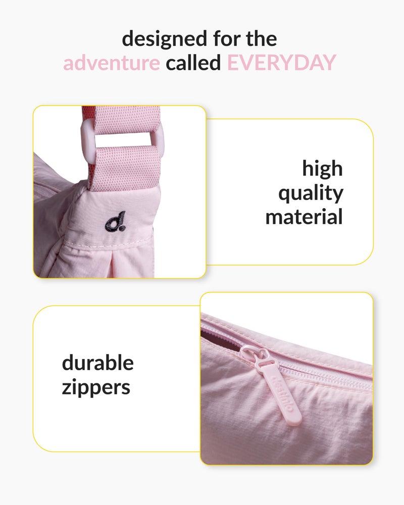 Destinio crossbody bags for women and men - slim & stylish, luxury Nylon fabric, branded zippers - small side half moon sling bag & waist bag, Unisex chest bag (Pink, Half Moon Sling) - Image 4