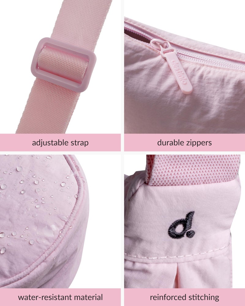 Destinio crossbody bags for women and men - slim & stylish, luxury Nylon fabric, branded zippers - small side half moon sling bag & waist bag, Unisex chest bag (Pink, Half Moon Sling) - Image 3