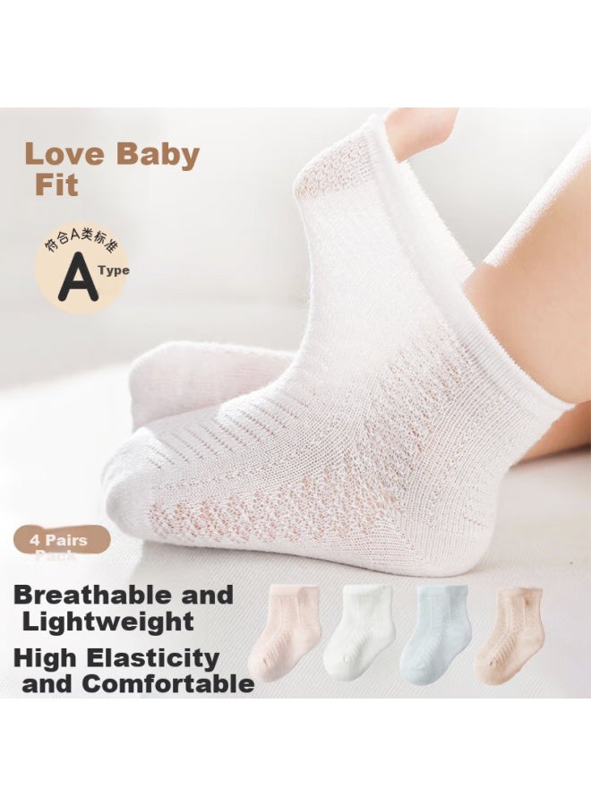 Lovebox Aibaoshi Baby Socks, Summer Newborn Mid-Calf Socks, Baby Mesh Cotton Socks, Children'S Socks, Solid Color, 4 Pairs, T202, M Size - Image 1