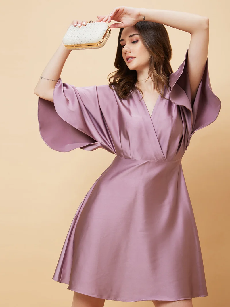 globus Women Wrap Neck Flared Sleeves A-Line Party Dress