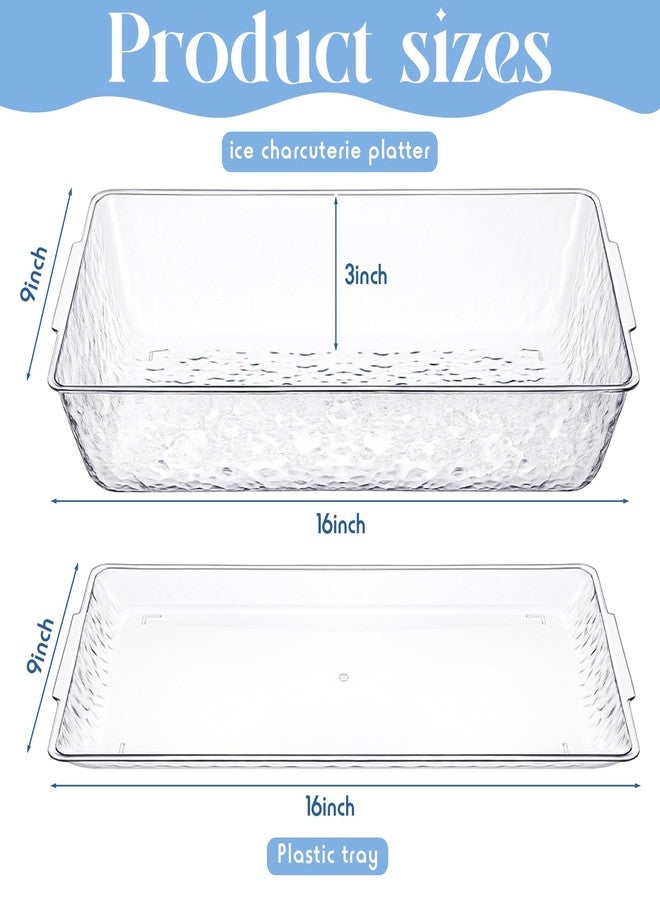 Baderke 2 Set 16" x 9" Plastic Chilled Serving Tray for Parties with Compartments Ice Chilled Party Platter Charcuterie Serving Board Cold Dish Dip for Fruit Seafood Vegetable Appetizer (Clear) - Image 2