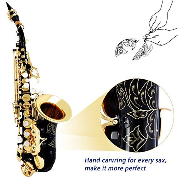 EASTROCK Soprano Saxophone Curved Bb Flat Black Sax Instruments For Beginners Intermediate Players With Carrying Case,Mouthpiece,Pads,Reed,Cleaning Kit,Neck Strap,White Gloves - Image 3