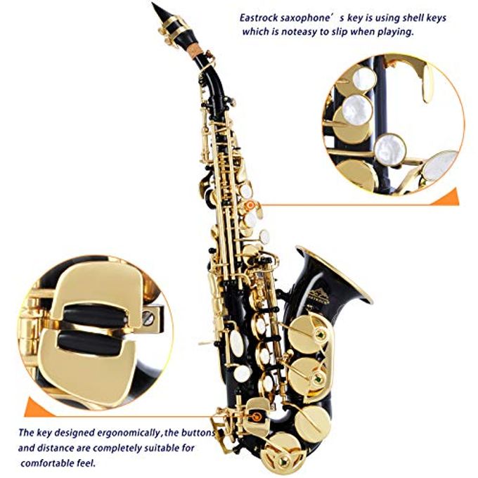 EASTROCK Soprano Saxophone Curved Bb Flat Black Sax Instruments For Beginners Intermediate Players With Carrying Case,Mouthpiece,Pads,Reed,Cleaning Kit,Neck Strap,White Gloves - Image 2