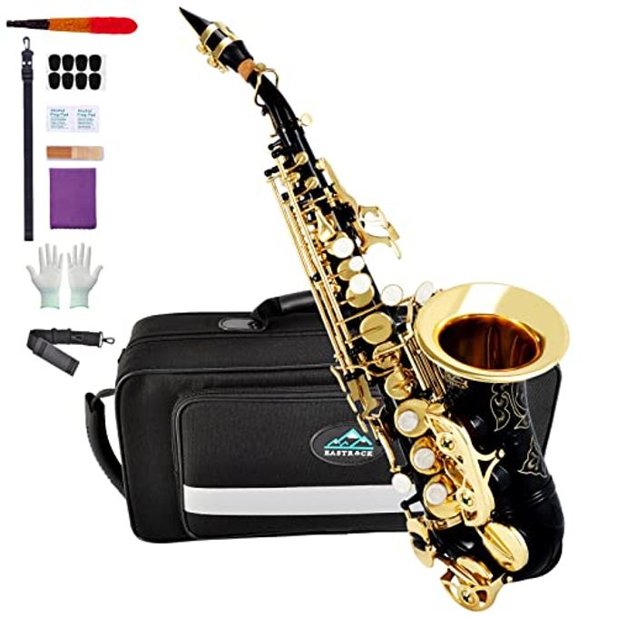 EASTROCK Soprano Saxophone Curved Bb Flat Black Sax Instruments For Beginners Intermediate Players With Carrying Case,Mouthpiece,Pads,Reed,Cleaning Kit,Neck Strap,White Gloves - Image 1