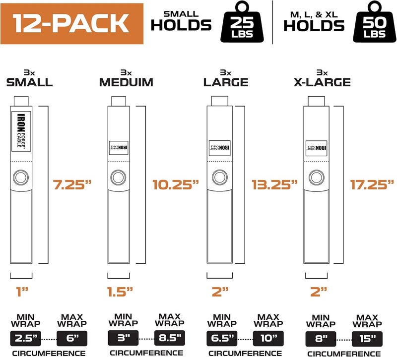 IRON FORGE CABLE Extension Cord Wrap Organizer, 12 Piece Multi-Pack of Storage Straps - 3 Small, 3 Medium, 3 Large, and 3 XL Hook and Loop Hanger Wraps for Power Cables, Hoses, Ropes, and More - Image 3
