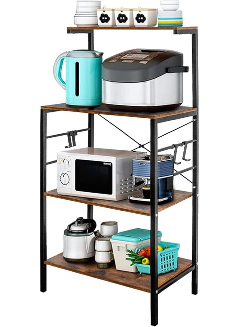 4-Tier Bakers Rack for Kitchen with Hooks, Heavy Duty Microwave Cart, Coffee Bar Storage Stand, Multi-Purpose Kitchen Organizer Shelf for Plates, Spices, Utensils, and Home Organization, Rustic Brown