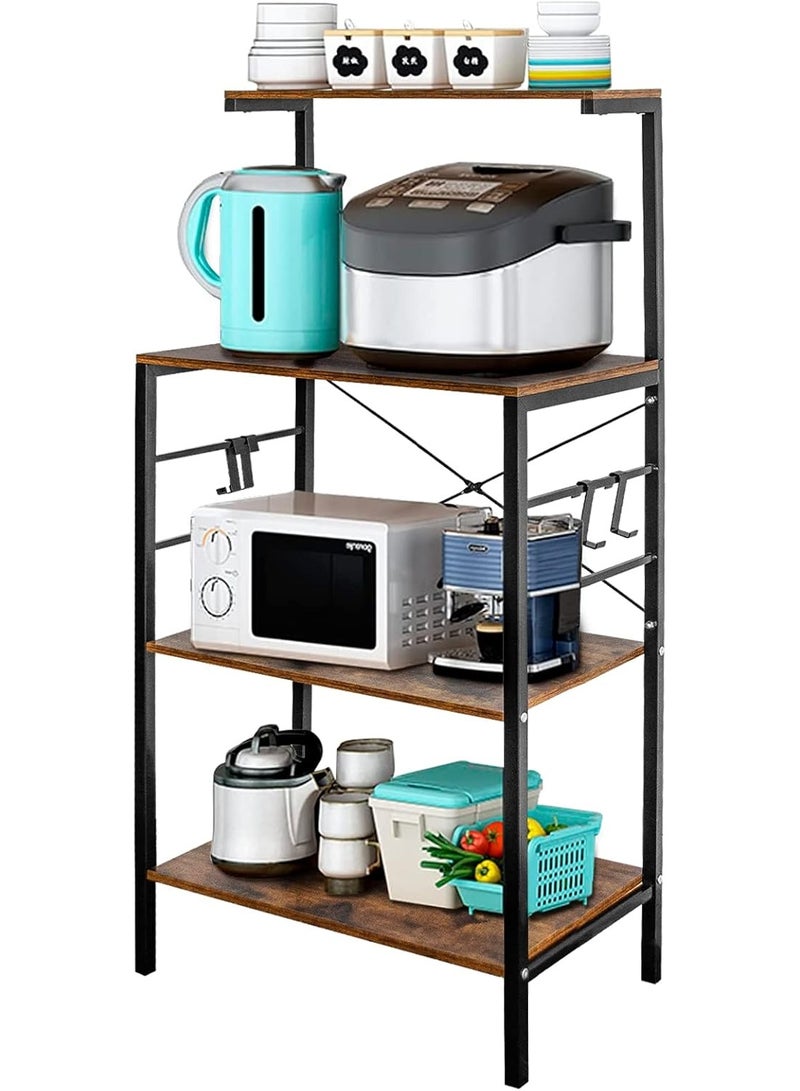 رف مطبخ بأربع طبقات مع خطافات، حامل ميكروويف قوي، رف بار للقهوة، رف تخزين متعدد الاستخدامات للأواني والتوابل والأدوات المنزلية، بني ريفي - Image 1