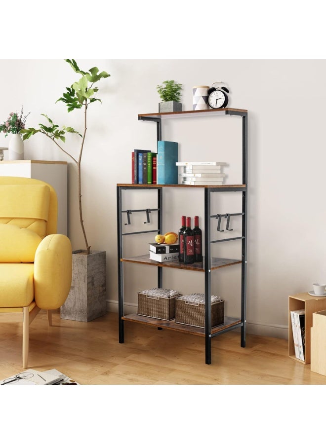 رف مطبخ بأربع طبقات مع خطافات، حامل ميكروويف قوي، رف بار للقهوة، رف تخزين متعدد الاستخدامات للأواني والتوابل والأدوات المنزلية، بني ريفي - Image 2