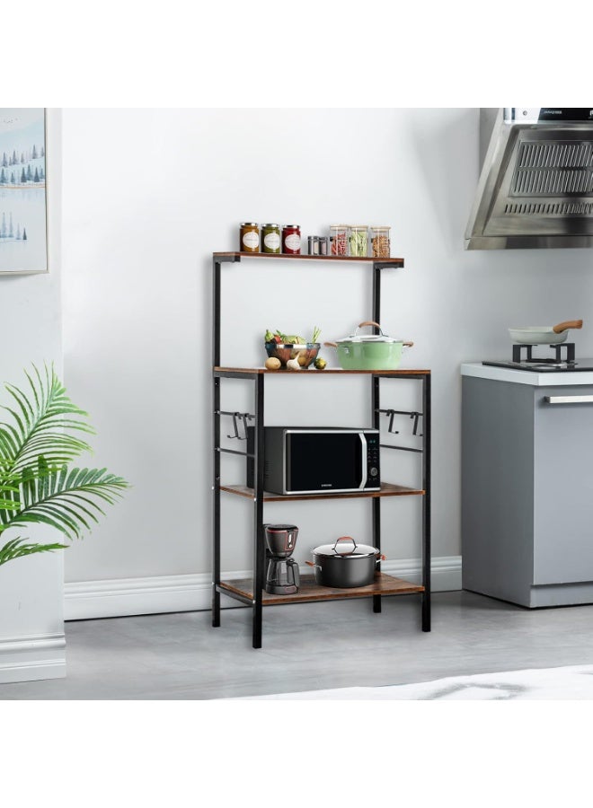 رف مطبخ بأربع طبقات مع خطافات، حامل ميكروويف قوي، رف بار للقهوة، رف تخزين متعدد الاستخدامات للأواني والتوابل والأدوات المنزلية، بني ريفي - Image 3