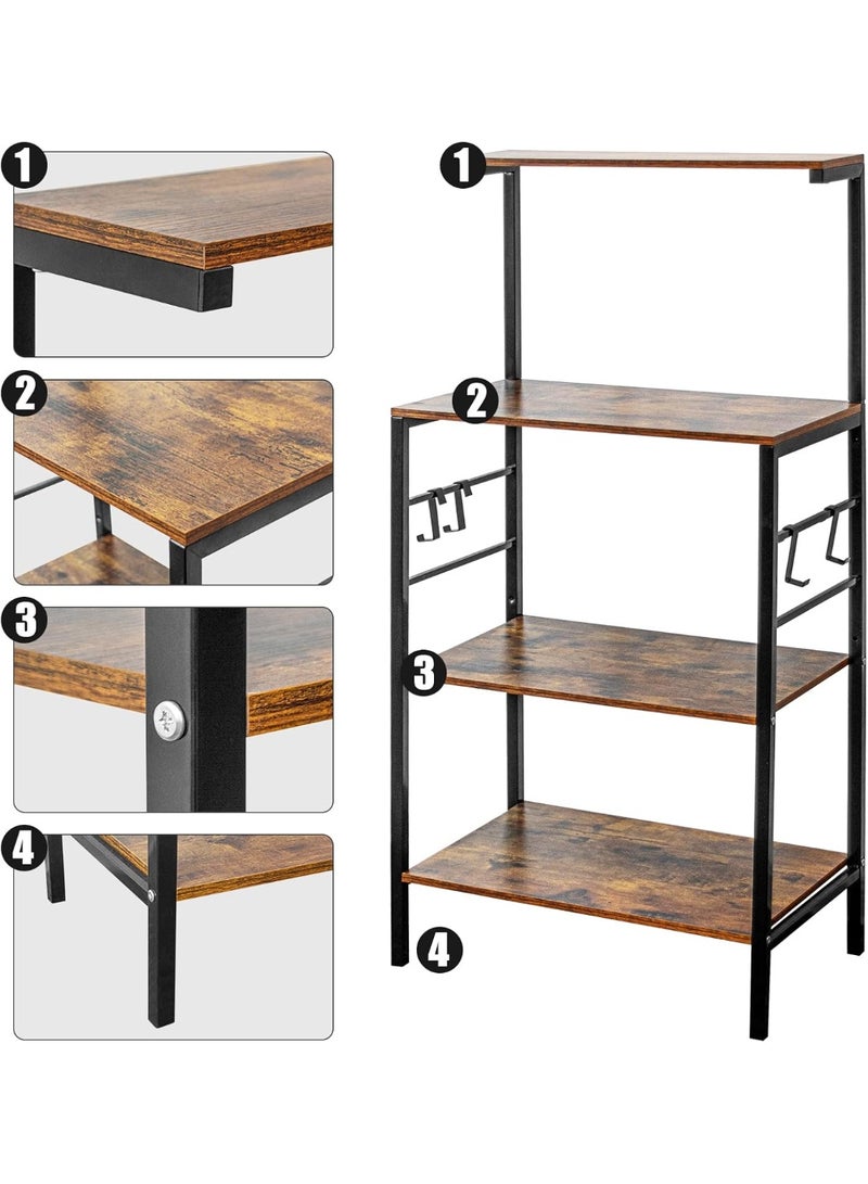 رف مطبخ بأربع طبقات مع خطافات، حامل ميكروويف قوي، رف بار للقهوة، رف تخزين متعدد الاستخدامات للأواني والتوابل والأدوات المنزلية، بني ريفي - Image 5