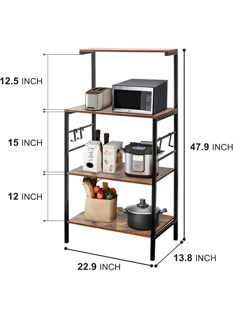 رف مطبخ بأربع طبقات مع خطافات، حامل ميكروويف قوي، رف بار للقهوة، رف تخزين متعدد الاستخدامات للأواني والتوابل والأدوات المنزلية، بني ريفي - Image 4