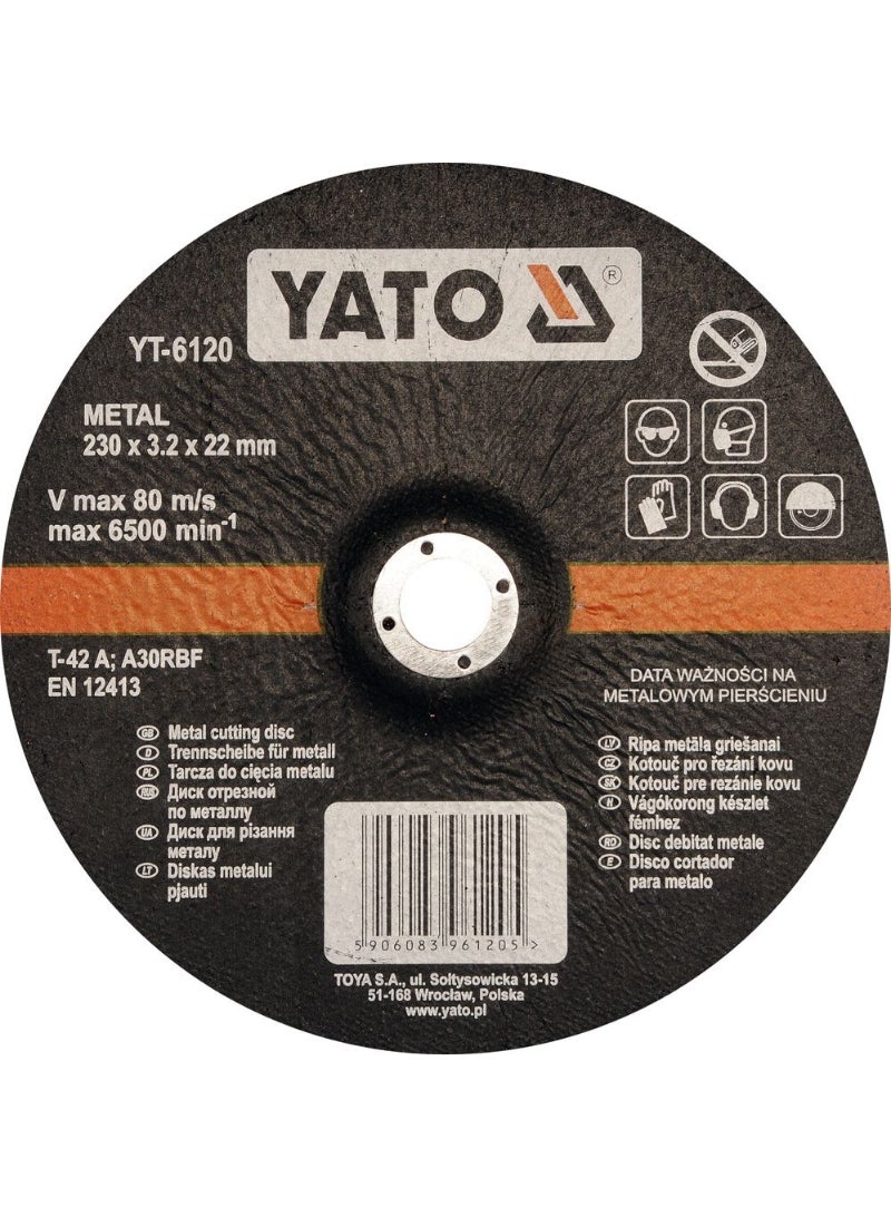 YATO Metal Cutting Disc 230X3.2X22mm Depressed Center YT-6120