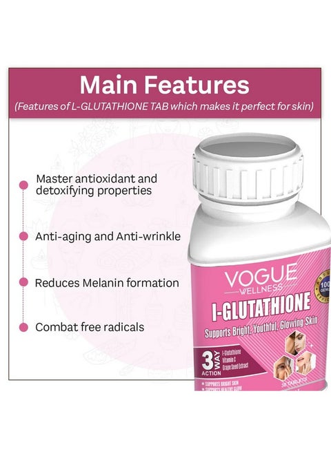 Vogue Vogue Wellness L Glutathione Tablets with Vitamin C, E, & Grape Seed Extract | Radiant & Glowing Skin Glowing Supplement | Reduces skin pigmentation | Free Radical Fighter (2) | Best Price Bahrain | Manama, Riffa Vogue Vogue Wellness L Glutathione Tablets with Vitamin C, E, & Grape Seed Extract | Radiant & Glowing Skin Glowing Supplement | Reduces skin pigmentation | Free Radical Fighter (2) | Best Price Bahrain | Manama, Riffa