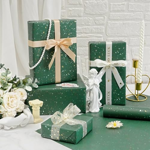 MAMUNU Green Wrapping Paper Roll - 17Inch × 33Feet, Green Christmas Wrapping Paper, Gold and Silver Foil Flake Design, Matte Gift Wrap Paper for Christmas Birthday Party Holiday and All Occasions - Image 3