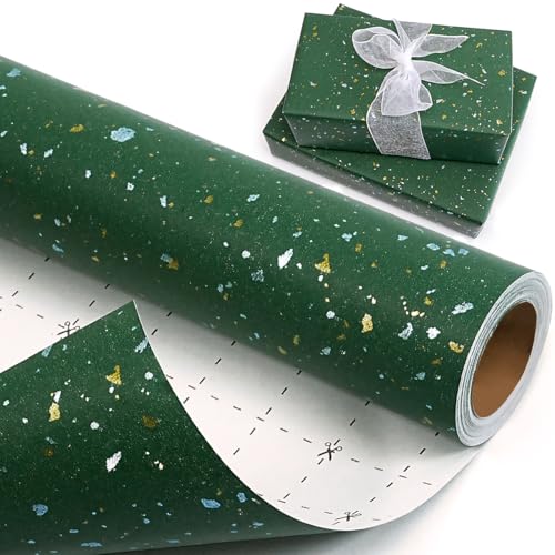 MAMUNU Green Wrapping Paper Roll - 17Inch × 33Feet, Green Christmas Wrapping Paper, Gold and Silver Foil Flake Design, Matte Gift Wrap Paper for Christmas Birthday Party Holiday and All Occasions - Image 1