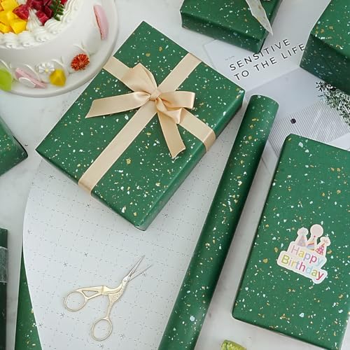 MAMUNU Green Wrapping Paper Roll - 17Inch × 33Feet, Green Christmas Wrapping Paper, Gold and Silver Foil Flake Design, Matte Gift Wrap Paper for Christmas Birthday Party Holiday and All Occasions - Image 5