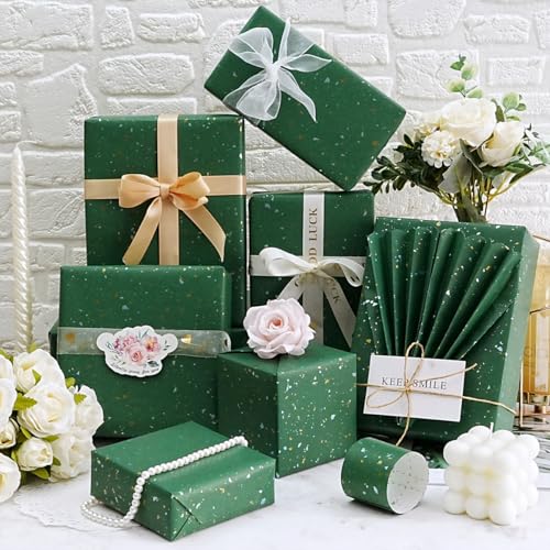 MAMUNU Green Wrapping Paper Roll - 17Inch × 33Feet, Green Christmas Wrapping Paper, Gold and Silver Foil Flake Design, Matte Gift Wrap Paper for Christmas Birthday Party Holiday and All Occasions - Image 2