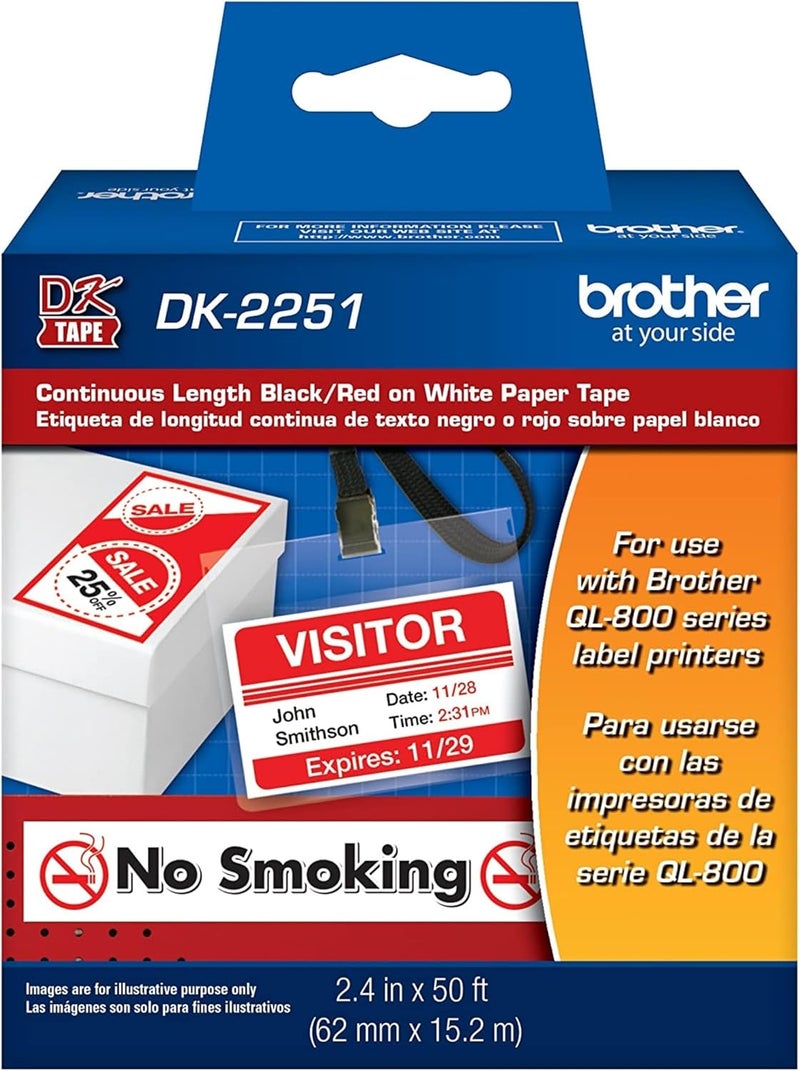 brother Genuine DK-2251 Continuous Length Replacement Labels, Black/Red Label on White Paper Tape, Engineered with Excellence, 2.4” x 50 feet, 1 Roll per Box - Image 1