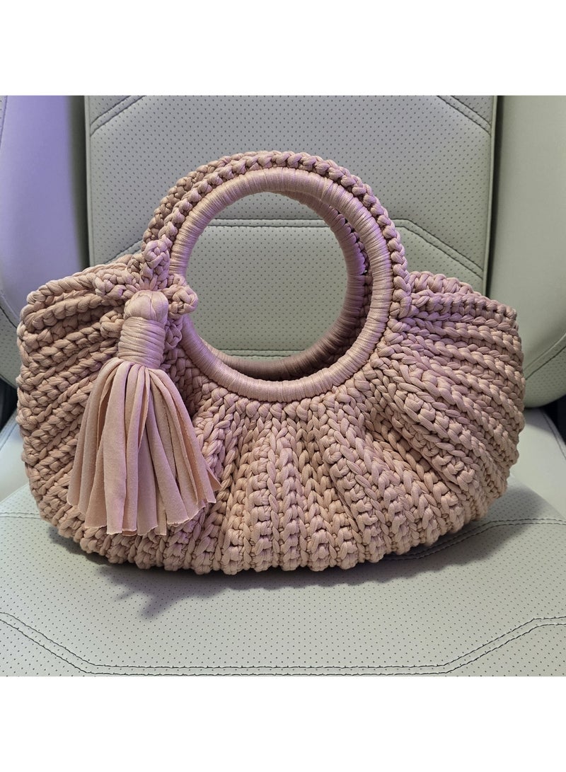 Pleated Crochet Handbag with Round Handles and Tassel – Soft Blush Pink