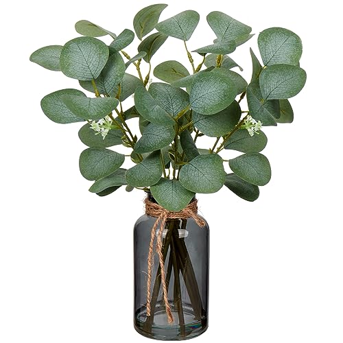 Briful Artificial Eucalyptus Stems in Black Glass Vase with Faux Water, 14" Fake Plant Eucalyptus Leaves for Home Office Farmhouse Wedding Centerpiece Décor - Image 1