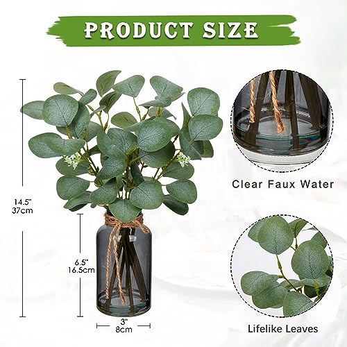 Briful Artificial Eucalyptus Stems in Black Glass Vase with Faux Water, 14" Fake Plant Eucalyptus Leaves for Home Office Farmhouse Wedding Centerpiece Décor - Image 2