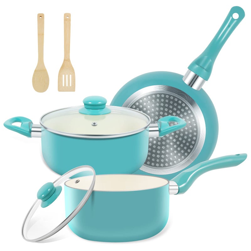 M MELENTA Pots and Pans Set, 7 Piece Nonstick Ceramic Cookware Set, Kitchen Induction Cookware Sets, Pots and Pans Non Stick with Stay Cool Handle, 100% PFOA Free, Turquoise - Image 1