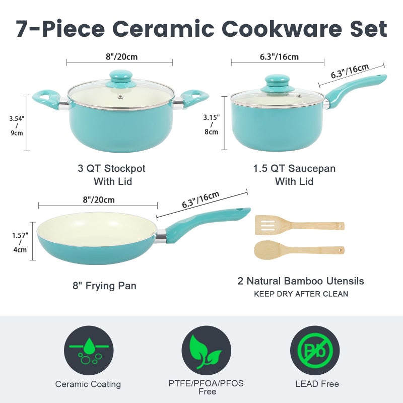 M MELENTA Pots and Pans Set, 7 Piece Nonstick Ceramic Cookware Set, Kitchen Induction Cookware Sets, Pots and Pans Non Stick with Stay Cool Handle, 100% PFOA Free, Turquoise - Image 2