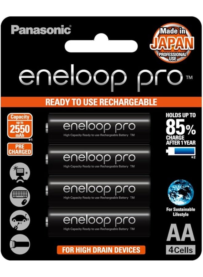 Eneloop Pro AA Rechargeable Batteries 2550mAh Pack of 4 – Made in Japan, High Capacity Ni-MH, Long Lasting Power, Low Self Discharge - Image 1