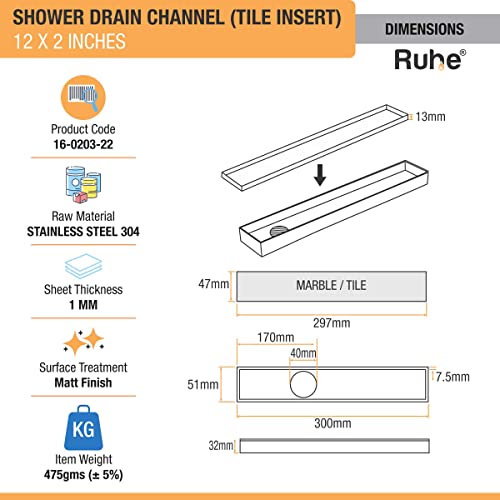 Ruhe® Tile Insert Floor Drain | 12 x 2 Inches Waste Water Floor Drain for 13mm Tile | 304 Stainless Steel Invisible Shower Drain Channel with Trap/Jali - Image 2