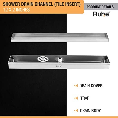 Ruhe® Tile Insert Floor Drain | 12 x 2 Inches Waste Water Floor Drain for 13mm Tile | 304 Stainless Steel Invisible Shower Drain Channel with Trap/Jali - Image 4