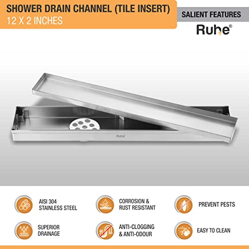 Ruhe® Tile Insert Floor Drain | 12 x 2 Inches Waste Water Floor Drain for 13mm Tile | 304 Stainless Steel Invisible Shower Drain Channel with Trap/Jali - Image 3