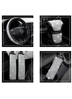 Generic Universal Car Accessories Set Of 5 Pieces Crystal Steering Wheel Cover, Diamond Handbrake Cover, seat belt cover and Diamond Gear Shift Knob Cover Accessory for car - Silver /Black  - Image 1