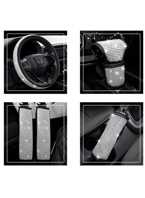 Universal Car Accessories Set Of 5 Pieces Crystal Steering Wheel Cover, Diamond Handbrake Cover, seat belt cover and Diamond Gear Shift Knob Cover Accessory for car - Silver /Black