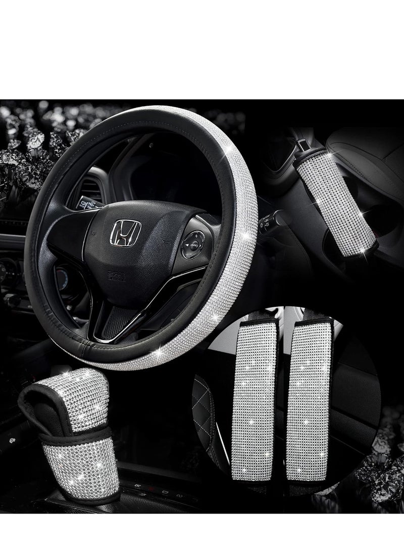 Generic Universal Car Accessories Set Of 5 Pieces Crystal Steering Wheel Cover, Diamond Handbrake Cover, seat belt cover and Diamond Gear Shift Knob Cover Accessory for car - Silver /Black  - Image 2