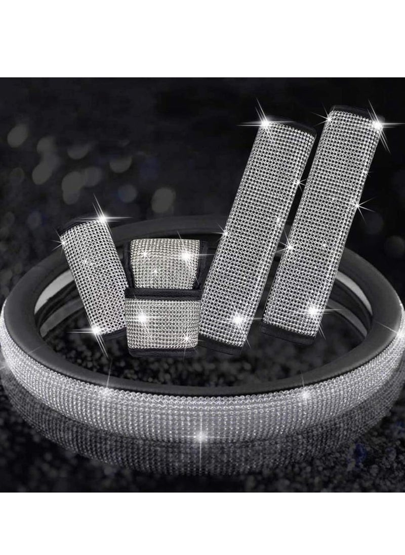 Generic Universal Car Accessories Set Of 5 Pieces Crystal Steering Wheel Cover, Diamond Handbrake Cover, seat belt cover and Diamond Gear Shift Knob Cover Accessory for car - Silver /Black  - Image 3