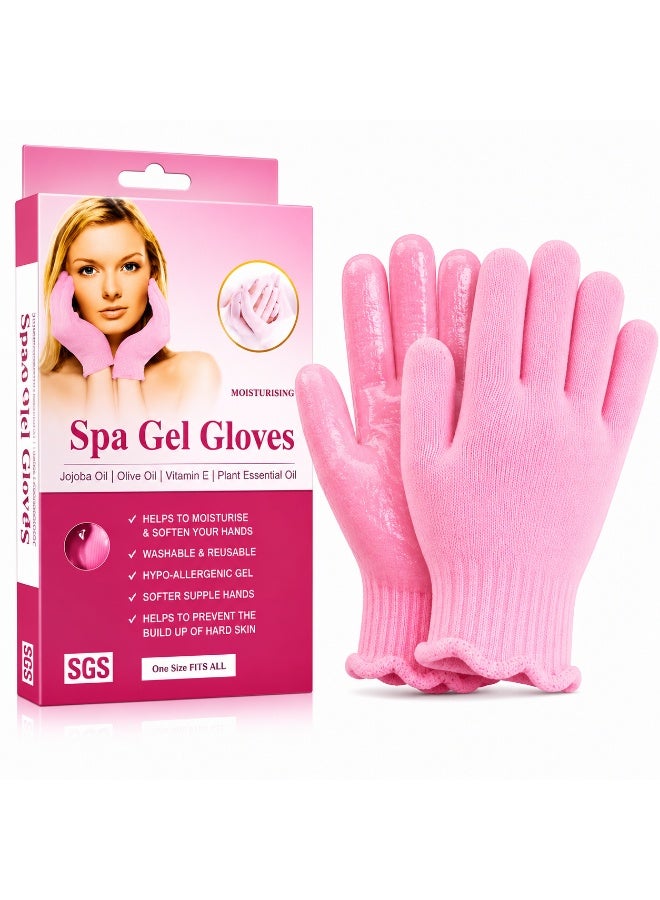 SGS Spa Gel Moisturizing Gloves with Jojoba Oil, Olive Oil & Vitamin E – Reusable Hand Care Gloves – One Size – Pink - Image 1