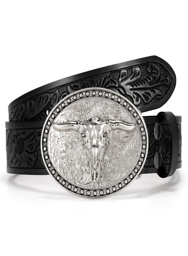 VONMELLI Western Leather Belt for Men Women Floral Engraved Cowboy Belt Longhorn Bull Buckle Western Waist Belt Black, M - Image 1