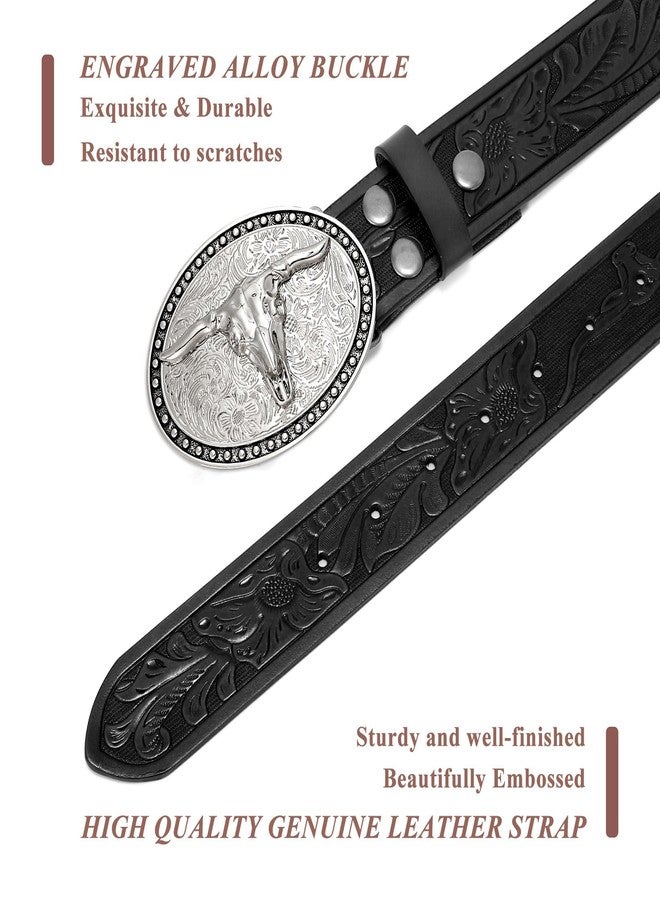 VONMELLI Western Leather Belt for Men Women Floral Engraved Cowboy Belt Longhorn Bull Buckle Western Waist Belt Black, M - Image 2