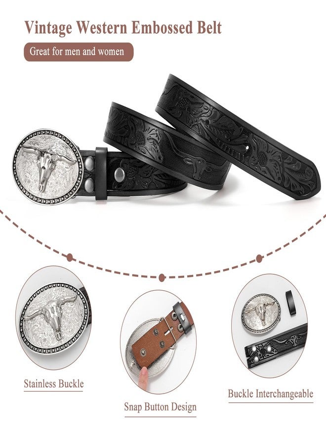 VONMELLI Western Leather Belt for Men Women Floral Engraved Cowboy Belt Longhorn Bull Buckle Western Waist Belt Black, M - Image 3