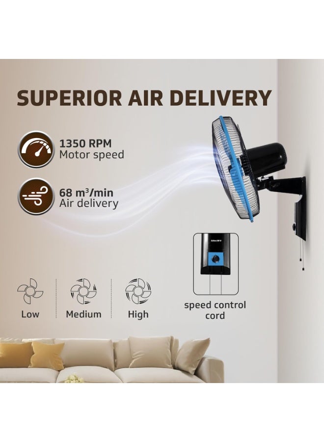 V-Guard Esfera SW N 400 mm Wall Fan | High-Speed 1350 RPM Motor | 3 Speed Settings | Aerodynamic 3 Blades | Adjustable Tilt & Oscillation | Copper Winding & ABS Body | Blue Black - Image 3