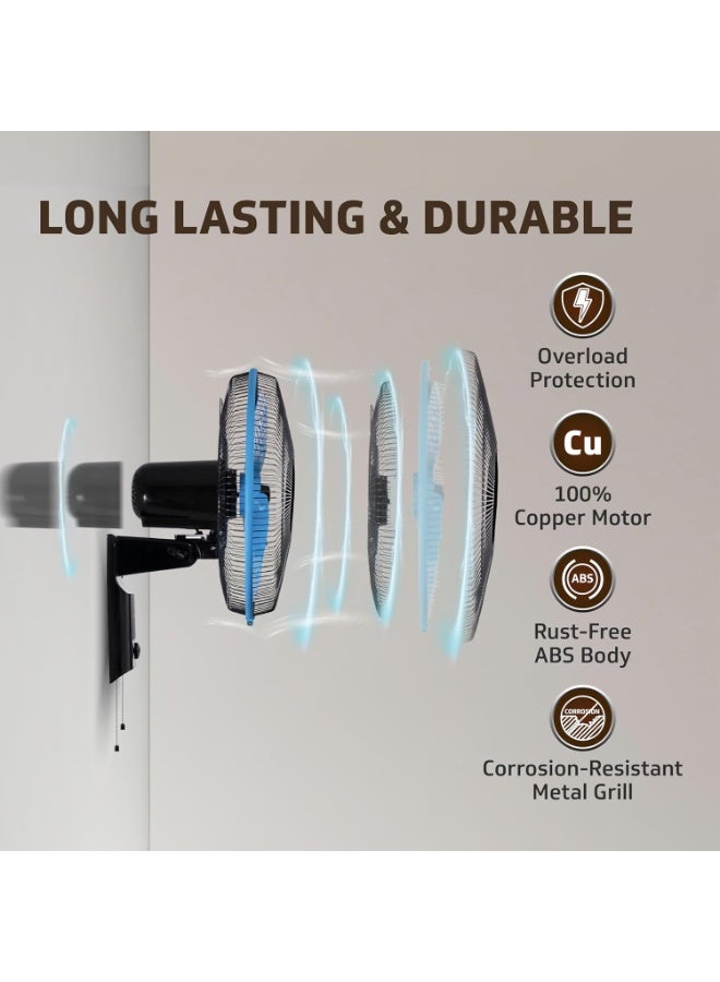 V-Guard Esfera SW N 400 mm Wall Fan | High-Speed 1350 RPM Motor | 3 Speed Settings | Aerodynamic 3 Blades | Adjustable Tilt & Oscillation | Copper Winding & ABS Body | Blue Black - Image 2