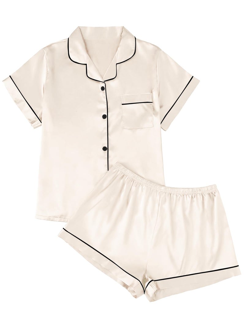 LILLUSORY Silk Satin Pajama Set for Women 2 Piece Lounge Pjs Winter Matching Summer Sleepwear Button Down Shirt Shorts Champagne L - Image 1