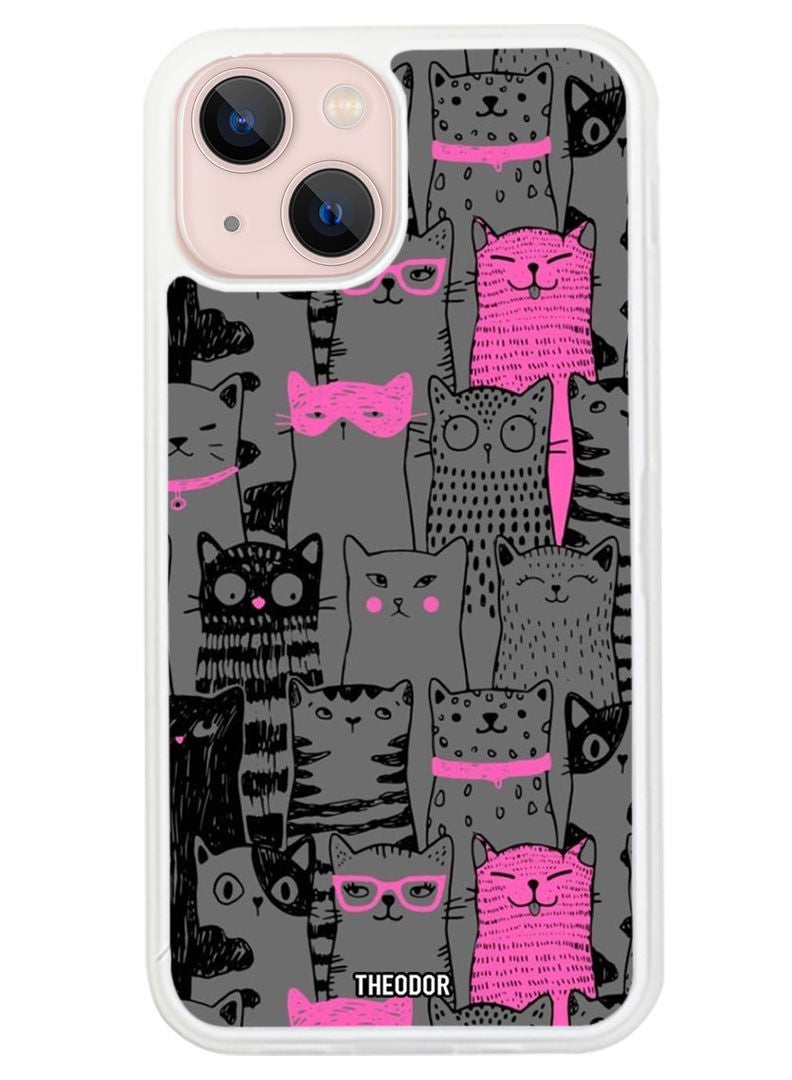 Theodor Protective Case Anti Scratch Shock Proof Cover For APPLE IPHONE 14 Pink Cats (White Bumper) - Image 1