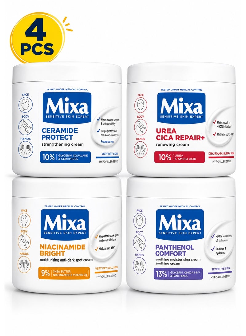 Mixa Intensive Skincare Collection – 4 Pieces | Ceramide Protect Strengthening Cream, Urea Cica Repair+ Renewing Cream, Niacinamide Bright Anti-Dark Spot Cream & Panthenol Comfort Soothing Cream – 4 × 400 ml