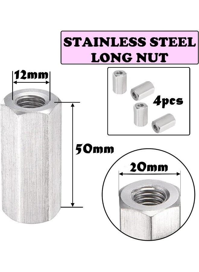 Royal Apex Stainless Steel Threaded Rod Connector Long Nuts Hexagonal Sleeve Coupling Fasteners For Fitting Bolts Studs Screws Etc.. 12Mm 4Pcs  - Image 2