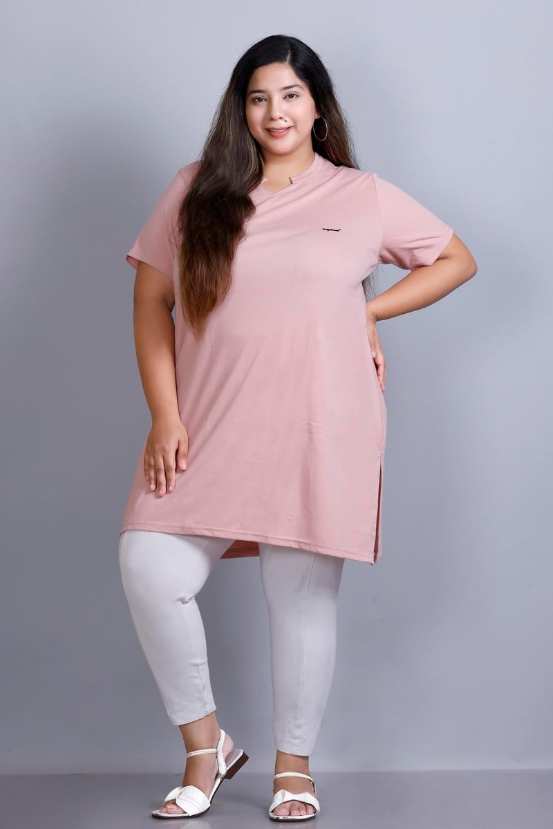 CUPID Women's Cotton Plus Size Plain Half Sleeve Long Top for Summer and Semi Summers with One Side Pocket for Ladies Solid T Shirt_Blushing Peach_7XL - Image 2
